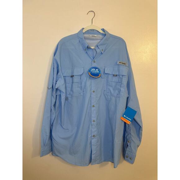 NWT Mens Columbia PFG Bahama II Long Sleeve Shirt Fishing Outdoors Light Blue XL - Picture 2 of 8